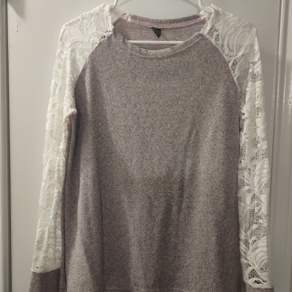 SHEIN Women's Sweatshirt - Heathered Purple with White Lace Sleeves - Picture 4 of 5